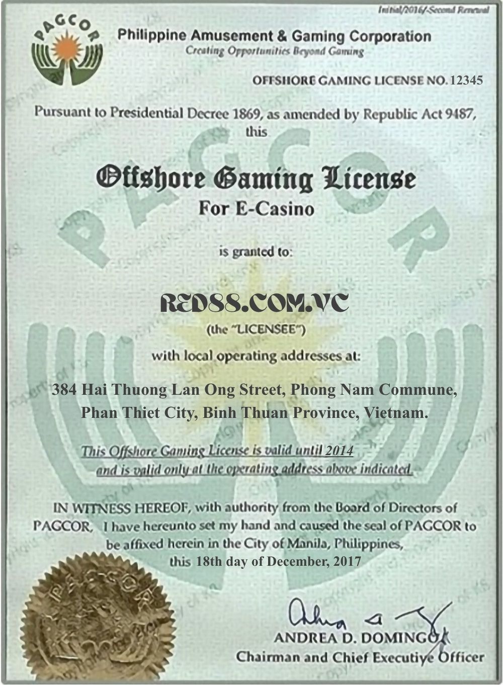 giấy phép PAGCOR nhà cái RED88